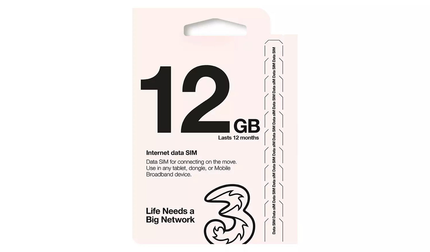 Three Mobile Broadband Data Sim 12GB lasts up to 12 months