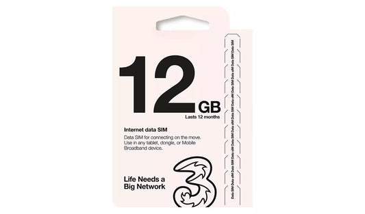 Three Mobile Broadband Data Sim 12GB lasts up to 12 months