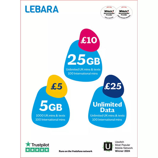 Lebara mobile Pay As You Go Triple Cut Sim Low Cost International Calls, SMS & Data