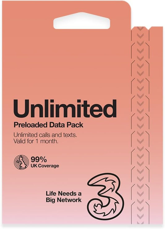 Three Mobile PAYG Voice SIM Pack - Unlimited Data, Calls & Texts For One Month.