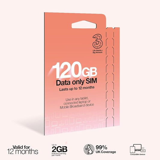 Three Mobile Broadband SIM, Pre-loaded with 120GB of Data. Lasts up to 12 Months