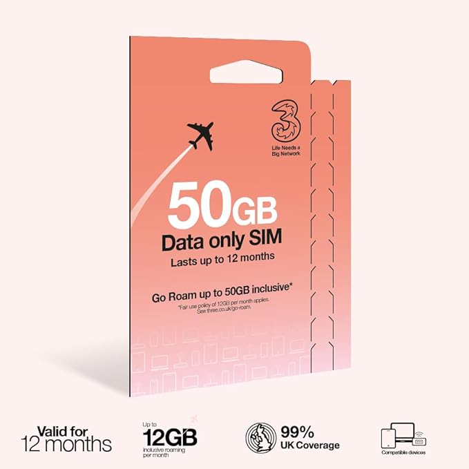 Three Data Only SIM, Pre-loaded with 50GB of Data Lasts up to 12 Months Go Roam Up 50GB