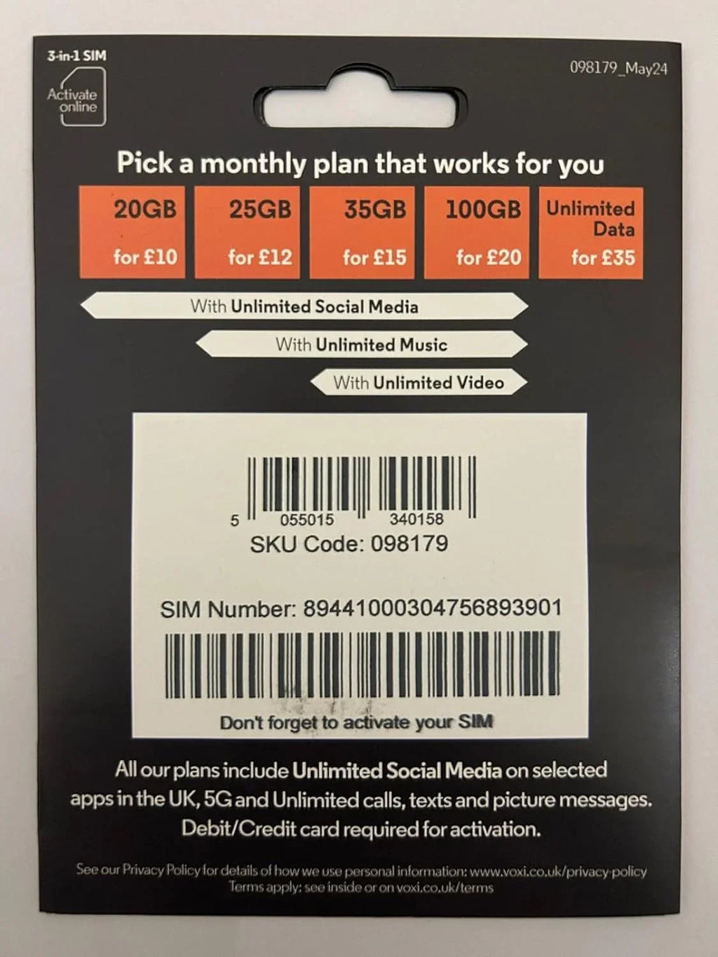 VOXI 20GB Unlimited Social SIM