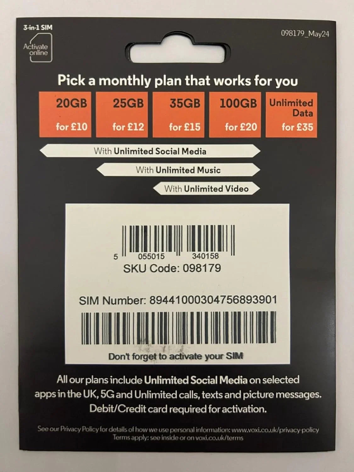 VOXI 20GB Unlimited Social SIM
